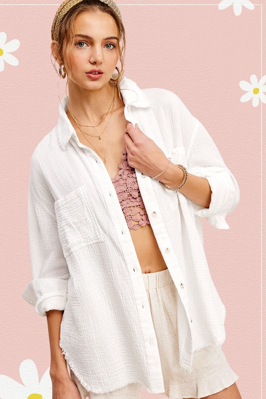 Kristen Soft Washed Crinkled Gauze Button Down Shirt